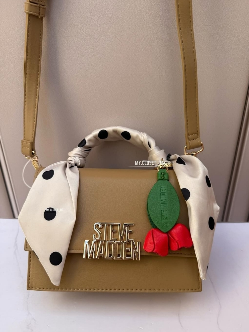 Steve Madden Tan Crossbody Bag with Polka Dot Scarf and Red Charm - Picture 2 of 3